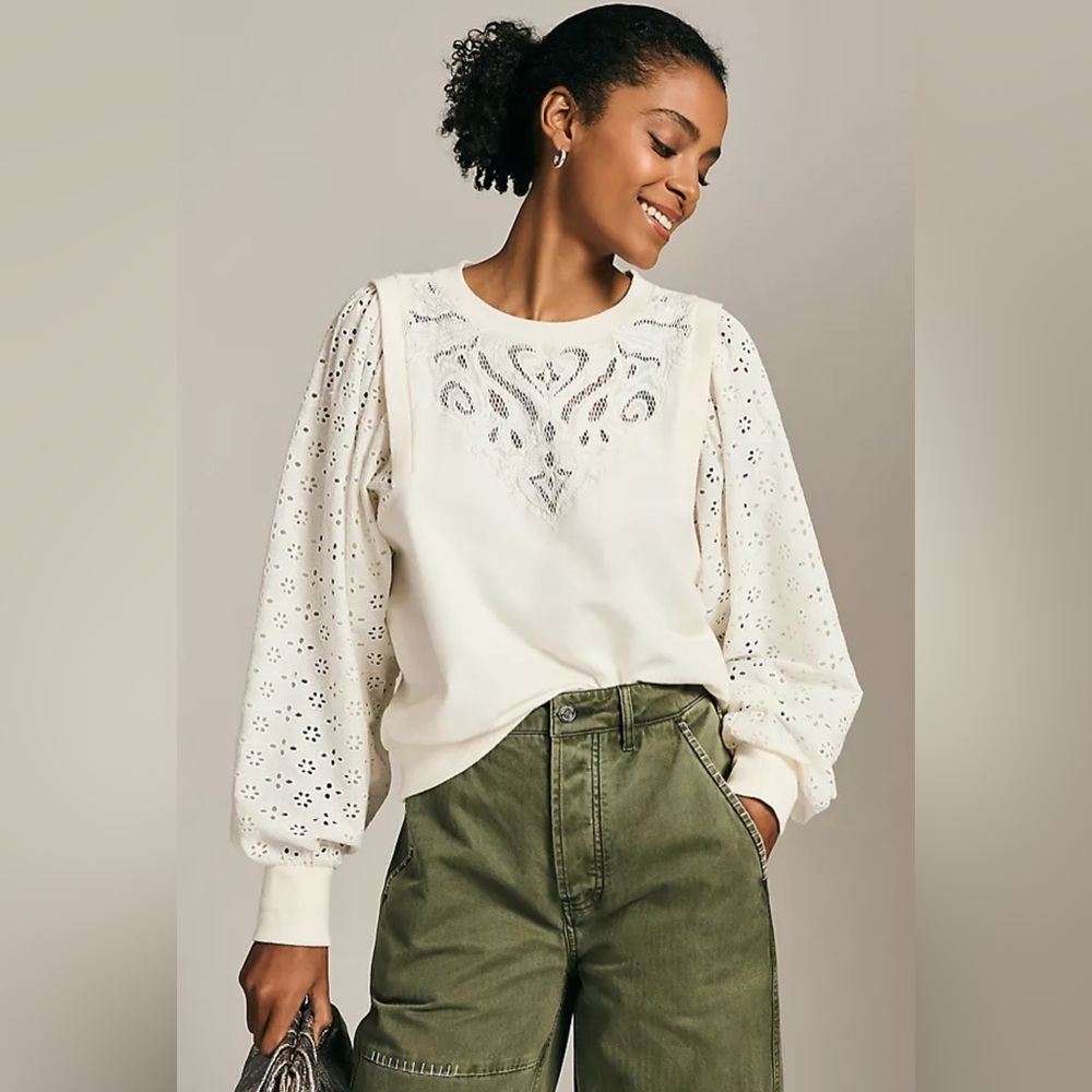 NWT Anthropologie Pilcro Washed Eyelet Sweatshirt in Ivory Size XS